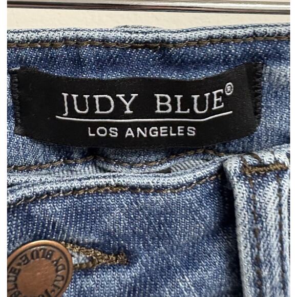 Judy Blue Bootcut Distressed Jeans Women’s Size 7/28 Blue Denim Plaid Patch - Picture 3 of 8